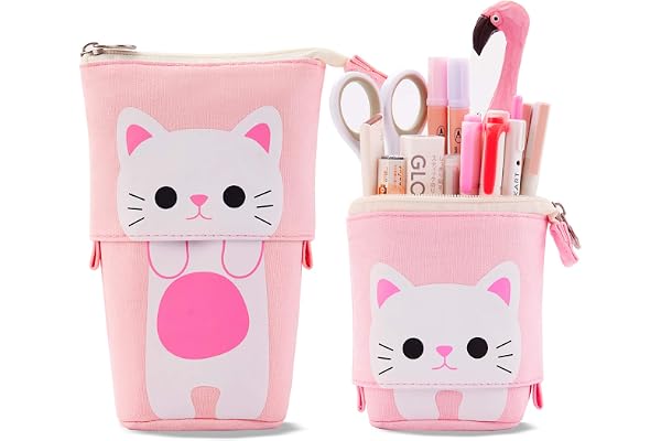 TOYESS Trousse à Crayons Télescopique en Toile Durable avec Motif de Chat Mignon - Etuis à Crayons pour Garçons Filles Etudiants et Fournitures de Bureau, Rose