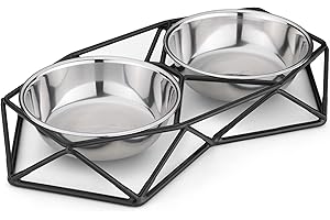 Navaris Comedero y Bebedero para Gato Perro - 2X Cuenco Elevado de Acero Inoxidable para Perros Gatos - Doble tazón Desmontable con Soporte - Negro