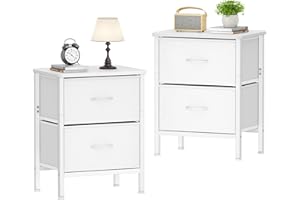HOMIDEC Mesita de Noche, Juego de 2 Mesitas de Noche con Estructura de Metal y 2 Cajones de Tela de Gran Capacidad para Dormitorio, Salón, Color Blanco, 42 x 30 x 55 cm