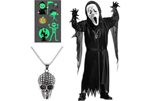 BITOWO Déguisement Scream Enfant Garcon Fille 5 6 7 8 9 10 11 12 13 14 ans Ghostface Costume Scream Tenue avec Cape Noir Masque Ghostface Collier Deguisement Halloween Horreur Qui Fait Peur Enfant