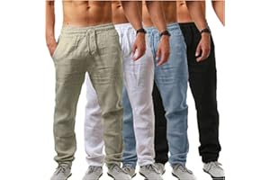 BVEBJDX Mens Plain Cotton Linen Trousers Summer Casual Pants Lightweight Breathable Trouser Men's Linen Pants Wide Leg Pants Drawstring Elastic Waist Loose Fit Trousers Workout Running Jogging Trouser