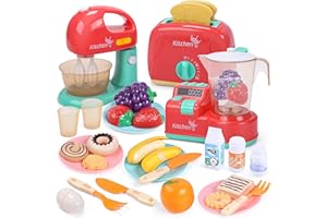 CUTE STONE Set da gioco per elettrodomestici da cucina per bambini, mixer e frullatore da cucina per bambini con suoni e luci, tostapane, taglierino per alimenti, giocattoli da cucina per bambini
