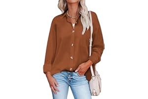 Hotouch Chemisier Femme en Coton à Manches Longues avec col boutonné et Patte de Boutonnage Devant S-XXL