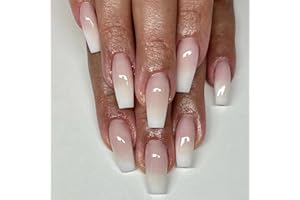 TMUT 24pcs Coffin False Nails Medium Length Stick on Nails Pink White Gradient Press on Nails Removable Glue-on Nails Full Cover Fake Nails Women Girls Nail Art Accessories