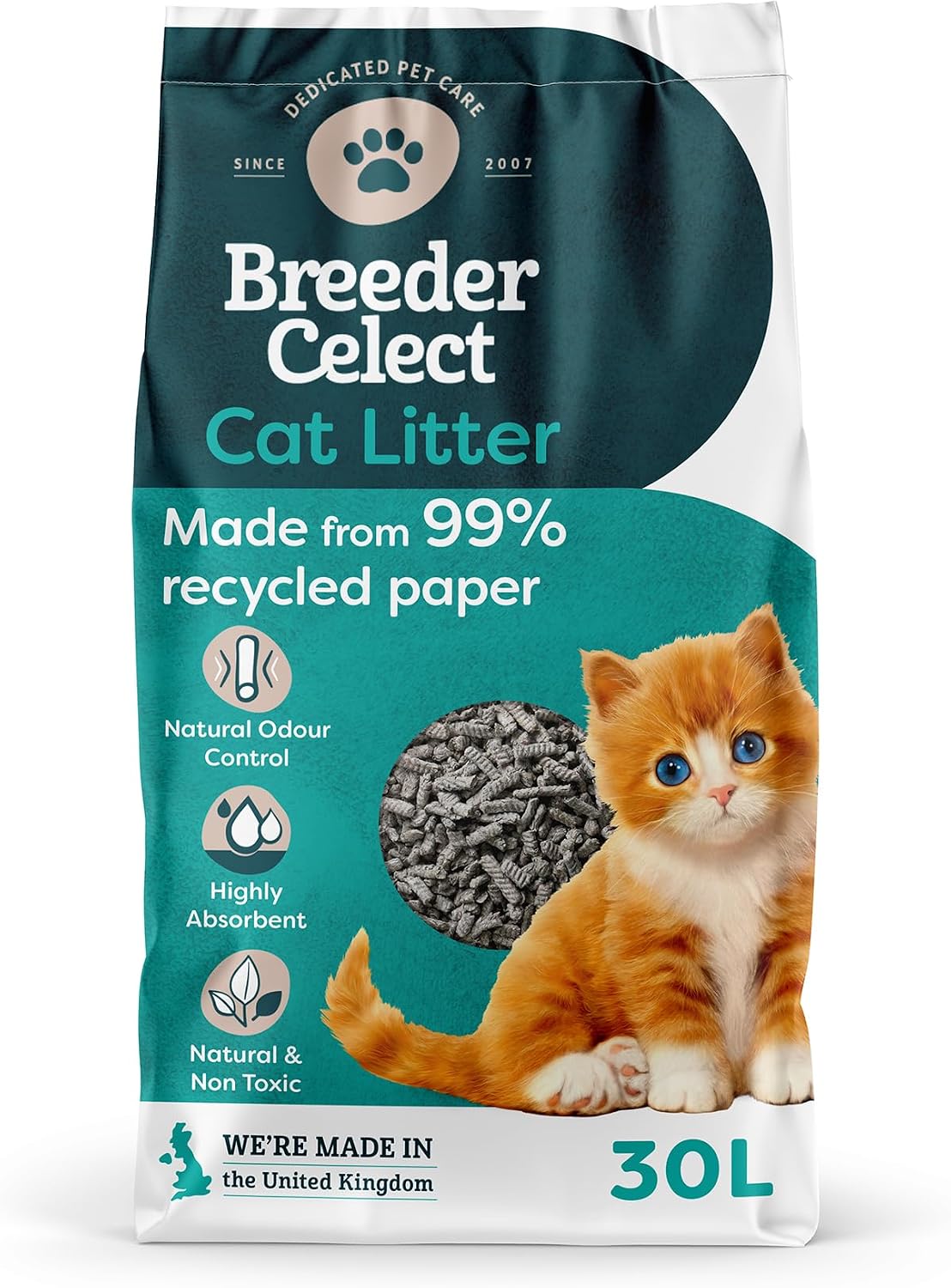 Breeder's Choice Paper Cat Litter (30L) - 99% Recycled Paper | Highly Absorbent with Excel