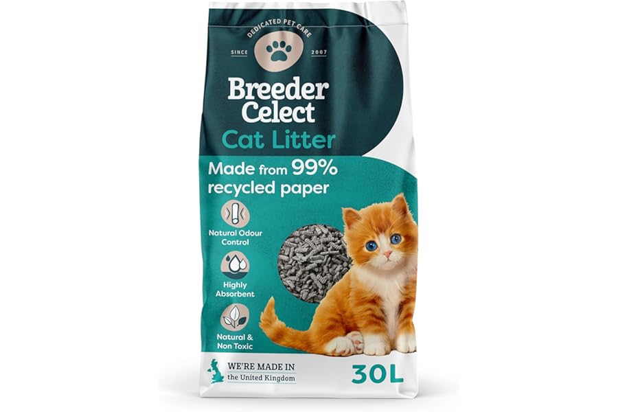 Breeder Celect All-Natural Cat Litter (30L) – 99% Recycled Paper, Highly Absorbent Kitten Cat Litter/Bedding, Excellent Odour Control, Non-Clumping, Biodegradable & Compostable