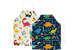 WOLEPAZ 2 Pcs Kids Aprons, Cartoon Style Adjustable Child Chef Aprons, Linen Unicorn/Dinosaur Horse Aprons for Boys Girl's Kitchen Cooking Baking Painting Wear