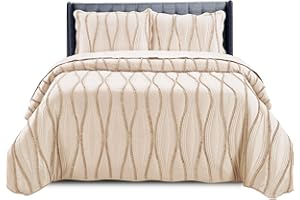 PHP Beautiful Quilted Bedspread Throw Embossed Frilled Pattern Quilt Coverlets Bedspreads Throw Bedding for All Season Comforter Set - Beige - Single
