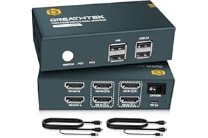KVM HDMI 2 Écrans 2 Ports 4K@30Hz, GREATHTEK USB2.0, HDCP1.4 HDMI1.4 KVM Switch, Interrupteur de Bouton et Hotkey Switch, Commutateurs KVM avec 2 câbles combinés HDMI-USB et 2 câbles HDMI1.4