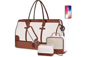 ETRONIK Weekend Overnight Bag for Women, Large Travel Duffle Bag with Shoe Compartment & Wet Pocket, Carry On Tote Bag Gym Duffel Bag with Toiletry Bag, Bag for Hospital 3 Pcs Set, Beige Brown L