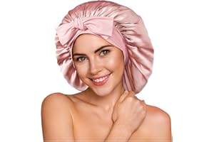 Umisleep 100% Silk Bonnet for Sleeping Women, Larger Double Layer 22 Momme Mulberry Silk Hair Bonnet for Sleeping Curly Long Hair, Non-Slip Sleep Hair Wrap with Elastic Tie Band for Hair Care, Pink