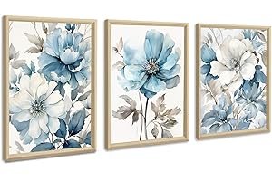 FAJERMINART 3Pcs Marco de madera Cuadros Decoracion Salon, Modernos Flores Grises y Azules Tinta Cuadros Abstractos Pintura Lienzos decorativos Dormitorio Comedor Decoración de Pared Listo para colgar 30x40cmx3