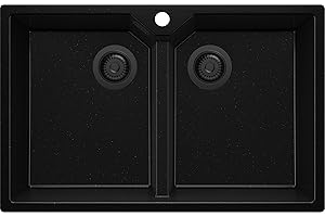 PRIMAGRAN Lavello da Cucina Tutto Nero 78x50cm, Lavandino in Granito a 2 vasche + Sifone Classico, Lavabo Incasso al mobile 80cm - Madrid Twin S007