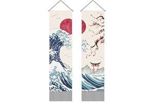 AHANDMAKER Paquete de 2 tapices japoneses con olas del océano, sol rojo y olas y flores de cerezo rojas, tapiz de borla para habitación, 13 x 51 pulgadas