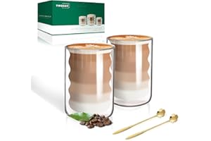 twoant Tasse à Café Double Paroi, 2 x 400 ml Tasse Verre Double Paroi Ensemble, Verres à Expresso avec 2 Cuillères Convient pour latte, macchiato, cappuccino, bière, lait, thé