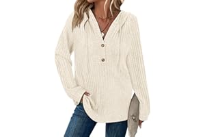 SYPHIBY Hoodies for Women Ladies Jumpers Long Sleeve Tops Drawstring Button V Neck Casual Pullover Sweatshirt Spring Autumn Winter Tunic Clothes