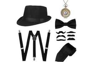 SEKEPINGO 1920s Gangster Costume Accessories Set for Men, 6PCS Great Gatsby Fancy Dress Kit with Panama Hat Bow Tie Vintage Pocket Watch Moustache Suspender for Cosplay 20s Gangster Themed Party Halloween