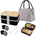 Bento Lunch Box, 1400ml Food Containers with Lids & Compartments Leakproof Salad Meal Container with 2 Dressing Pots & Insulated Lunch Bag for Kids Adults - Microwavable, Freezer & Dishwasher Safe