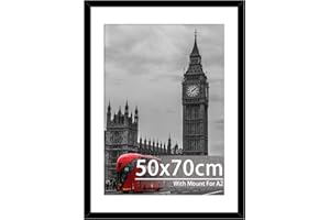 Tinkeps 50x70cm Black Frame - Engineered Wood and Plexiglass, Picture Frames 50cm x 70cm with A2 Mount for 50x70cm/A2 Prints, Photos, and Posters, Wall Mountable - Poster Frames 50 x 70cm