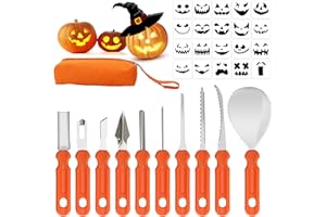 Votoko Set de Tallado de Calabaza Halloween, 31 Piezas Kit Calabaza Halloween, Pumpkin Carving Kit con Bolsa de Almacenamiento y 20 Plantillas, 10 Herramientas de Acero Inoxidable para Adultos y Niños