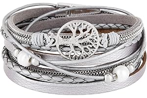StarAppeal Armband Wickelarmband mit Perlen, Ketten, Flechtelement und Lebensbaum Anhänger, Magnetverschluss Silber, Damen Armband