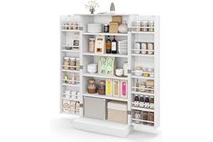 TANGZON Kitchen Cupboard, Kitchen Pantry Cabinet with Doors & Adjustable Shelves, Space Saving Larder Storage Cupboard Organiser for Dining Room Living Room Entryway (White, 60 x 40 x 120cm)