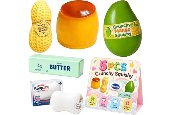 5 st knaprig squishy mango jordnötstvål pudding smör stressboll set, ASMR pärlfylld långsam stigande realistisk form klämma