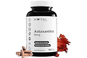 HIVITAL FOODS Astaxanthin 8 mg. 180 vegane Kapseln für eine 6-monatige Kur. Hergestellt aus 160 mg der natürlichen Alge Haematococcus Pluvialis mit 5% Astaxanthin, liefert also 8 mg reines Astaxanthin. Von Hivital