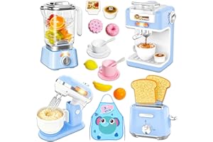 HILKKET Accesorios Cocina Juguetes con Realista Luz Sonido, Set de Utensilios Cocina Juguete, Cafetera, Licuadora, Batidora, Tostadora, Grembiule y Comida de Juguete, para Niños 3+
