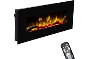 GLOW FIRE Elektrokamin mit Heizung und Kaminfeuer (Wandkamin Pluto) - elektrischer Kamin mit LED-Licht, Heizlüfter, Deko & Fernbedienung - zum Aufhängen an der Wand, max. 1500 W - schwarz, 110x49 cm