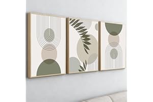 PWAAHDC Sage Green Framed Canvas Wall Art Set of 3 - Large Boho Abstract Prints for Hallway, Stairs, Bedroom, and Living Room Walls - 12"x16" (30x40cm)