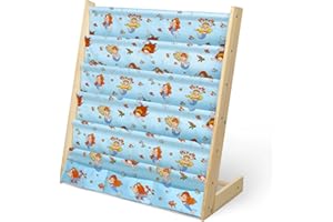 wooshwa Wooden Sling Children's Bookshelf 5 Tier Toy and Book Storage Organizer 3 Pockets Kids Bookcase with Deep Sleeves for Girls Playroom Nursery Bedroom (Mermaid)