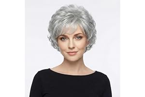 AIYLMZ Peluca Rizada Gris Corta para Mujer - Ondulada de Corte Pixie en Capas Degradadas Con Flequillo - Esponjosa Sintética (Gris)