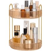 Zollyss Amber Gold 2 Tier 360° Rotating Makeup Organizer, Lazy Susan Vanity Organizer with Gold Frame & Clear Acrylic Trays f