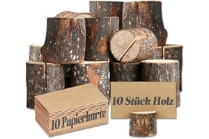 APICORT Tischkartenhalter Holz, 10 Kartenhalter Holz mit 10 Kraftpapier Tischkarten Rustikale Echtholz, Tischschildständer, Tischnummern Hochzeit