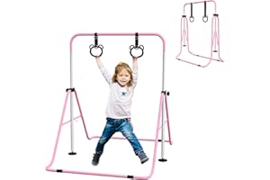 HOMCOM Kids Gymnastics Bar, Horizontal Bar for Kids, Adjustable Height Folding Gymnastics Equipment with Rings, Non-slip Rubber Floor Rings, for Home, Flat