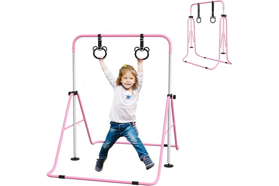 HOMCOM Kids Gymnastics Bar, Horizontal Training Kip Bar for Kids, Adjustable Height Folding Gymnastics Equipment with Hand Grips, Non-slip Rubber Pads, for Home, Flat