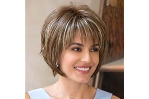 Creamily Parrucche corte marroni da folletto per donna Parrucche corte marroni a strati Parrucca di capelli corti con frangia Parrucche sintetiche naturali Marrone con colore biondo evidenziatore