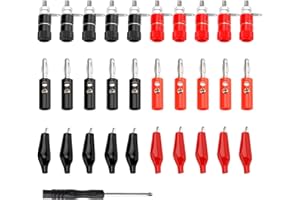 KUOQIY 30 Piezas 4mm Banana Conector Plug Socket Kit, Binding Post Terminal + 4mm Chapado Nickel Banana Enchufe + Pinzas de Cocodrilo, con Destornillador, para Altavoz, Audio/Video Receptor