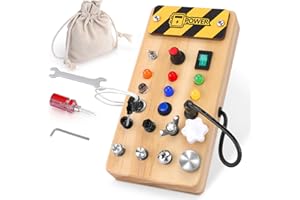 KONIJIWA Juguete Montessori de madera para niños a partir de 1-4 años, tablero de actividades, 6 interruptores de luz led y 8 tipos de tornillos, set destornilladores, bolsa de almacenamiento, 3 herramientas