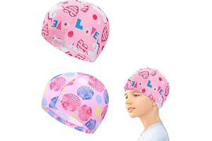 WNV 2pcs Girls Swimming Cap, Comfortable Swimming Hat Kids, Fabric Swimming Cap Kids Pink Swim Hat Waterproof Swim Cap Unicorn and Shell Theme Swimming Hat Kids Age 2-8 Girls