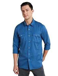 Symbol Premium Men's Long Sleeve Casual Washed Cotton Twill Shirt (Regular Fit) Blue