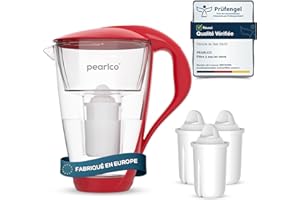 PearlCo - Carafe avec filtre à eau en verre - rouge - 3 cartouches Universal classic incluse (compatible avec Brita Classic)