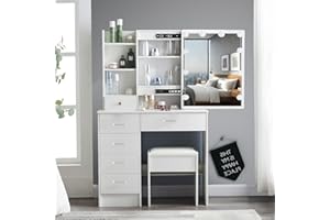 Puselo White Dressing Table Vanity Table with Mirror and Stool Makeup Vanity Table with Lights and Drawers,Cushioned Stool,Vanity Desk for Women Girls Bedroom (Modern pu07)