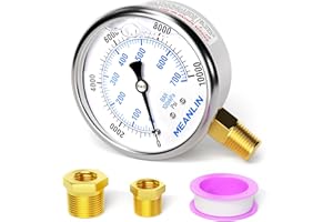 MEANLIN MEASURE 0~10000Psi Stainless Steel 1/4" NPT 2.5" FACE DIAL Liquid Filled Pressure Gauge WOG Water Oil Gas Lower Mount