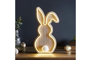 Lights4fun Lampe Néon de Table Lapin en Bois avec LED Blanc Chaud à Piles pour Intérieur Décoration de Pâques