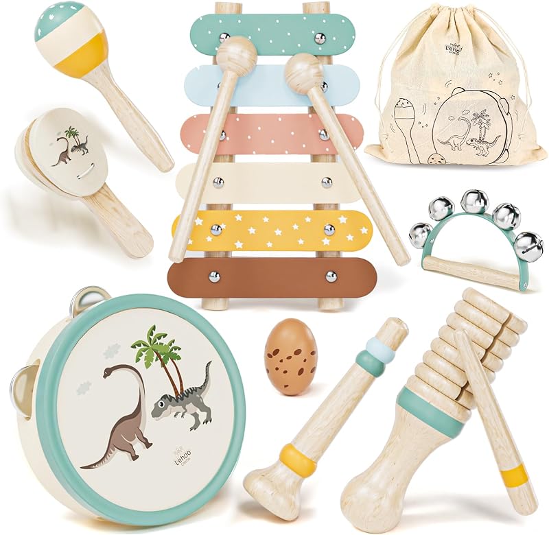 Lehoo Castle Musikinstrumente für Kinder, Montessori Holzspielzeug ab 2 3 Jahre, Instrumente Set mit Xylophone Trommel für Kindergarten, Musik Lernspielzeug Geschenk für Baby Mädchen Junge