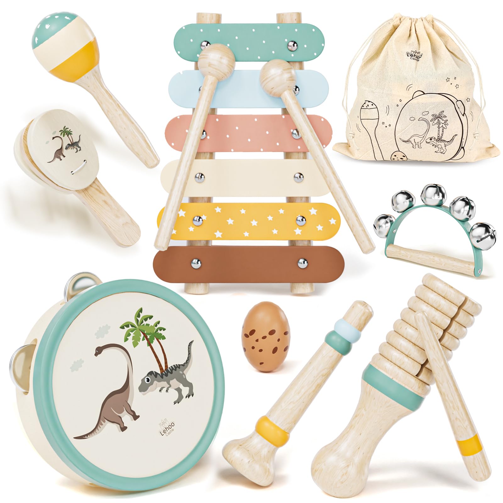 Lehoo Castle Bebe Instruments de Musique en Bois - Jouet Éducatif Montessori pour Enfants de 1 an et Plus Cadeau Garçons Filles 2 3Ans, Moderne Bohème Xylophone et Tambour - 1