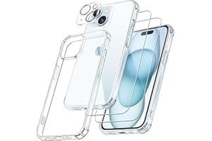 FLLAO 4 en 1 Funda para iPhone 15 con 2 Protector Pantalla y 1 Protector Lente Cámara, [Almohadilla de Aire integrada] Antigolpes Antiarañazos Carcasa 6,1 Pulgadas, Transparente