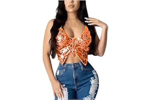 WanWorlder Damen Bauchtanz Kostüm BH Oberteil mit Pailletten Perlen Schmetterling Träger Top Halfter Crop Top Belly Dance Tanzkleidung (Orange, Freesize)